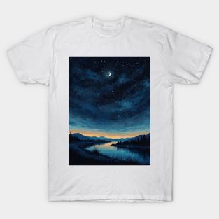 lake with starry night crescent moon T-Shirt